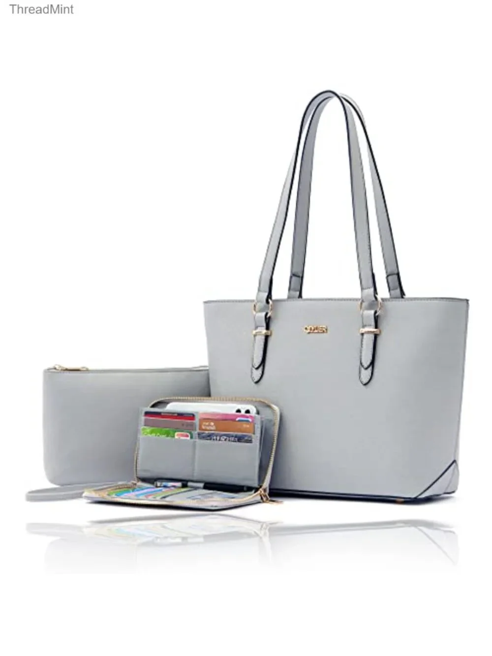 Faux Leather Tote Handbag Set with RFID Wallet & Cosmetic Bag